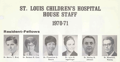 Photo of St. Louis Children's Hospital resident-fellows 1970-1971.  Includes Drs. Morris T. Bird, Barbara R. Cole, Florentina U. Garcia, Julie R. Ingelfinger, Stanley D. Johnson, and Ronald E. Keeney.  